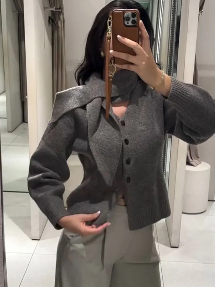 

HH Woman Spring Fashion Knitted Tops Solid Scarf Collar Long Sleeves Single Breasted Cardigans Female Casual Slim Sweater Coats