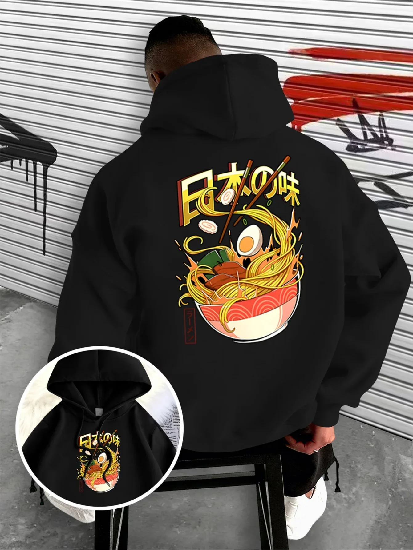 Men Vintage Japanese Ramen Sports Hoodie Noodle Bowl Kanji Graphic Oversized Pullover Sweatshirt Y2K Streetwear Gift for Him