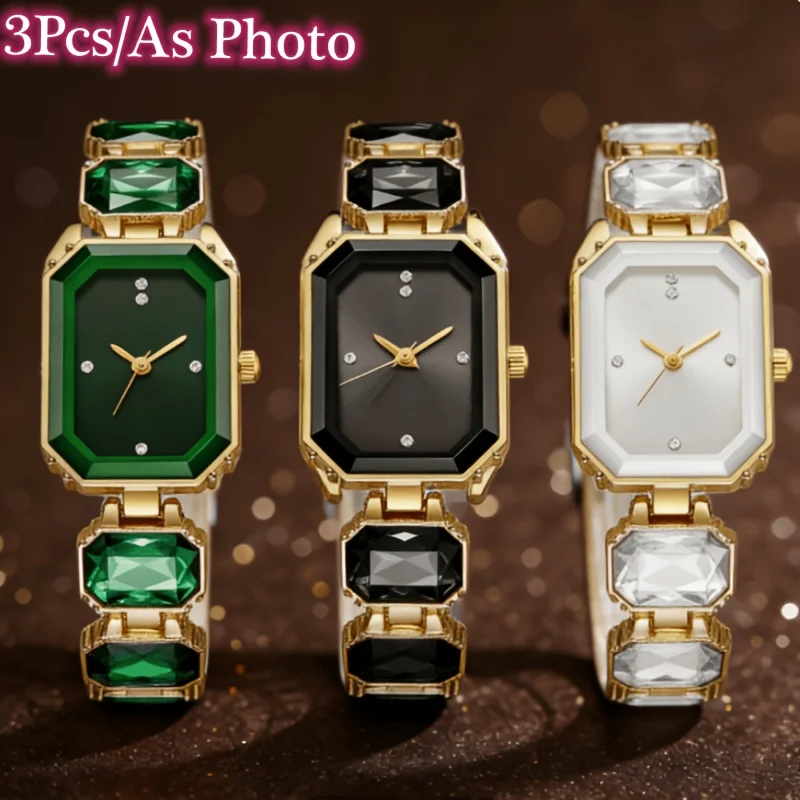 3Pcs Ladies Rectangle Wrist Watch Set Gold Plated Rhinestone Bracelet Quartz Watches Women Fashion Dress Wristwatch