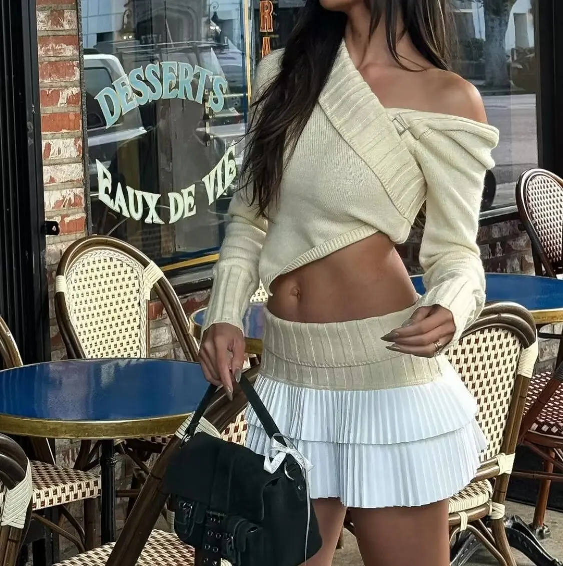 

American Knitted Splice Cake f Skirt Women's Color Blo Sexy Flip Hem Slimming Anti Exposure Pleated ort Skirt Women