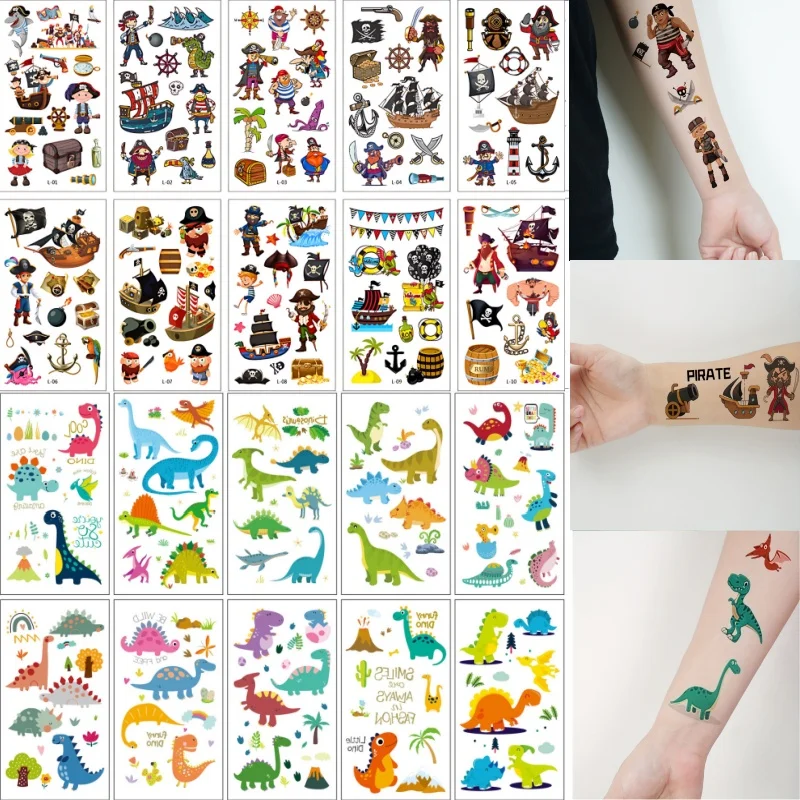 20pcs/set Temporary Tattoo Kids Dinosaur Pirate Cartoon Fake Tattoos for Hands Face Arm Body Child Boy Tatuajes Temporales Ninos