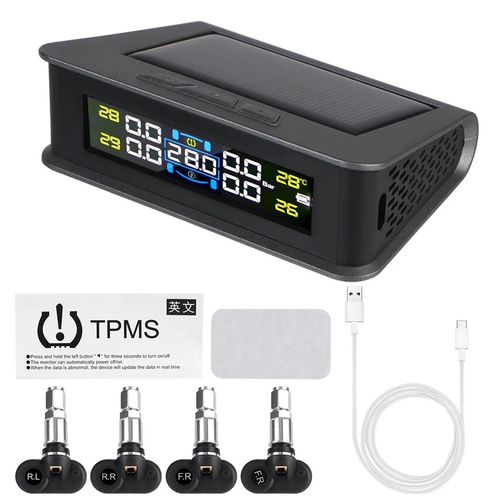 Sistema de monitoreo de presión de neumáticos, sistemas de alarma de seguridad automática, TPMS, pantalla LCD Digital, alimentado por energía Solar/USB