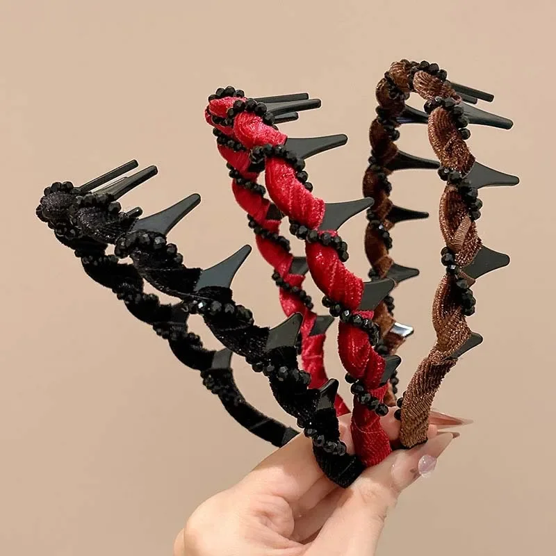 Vintage Black Velvet Crystal Wave Top Hairband For Women Girls Fashion Sweet Anti-Slip Toothed Hairband Hair Accessories