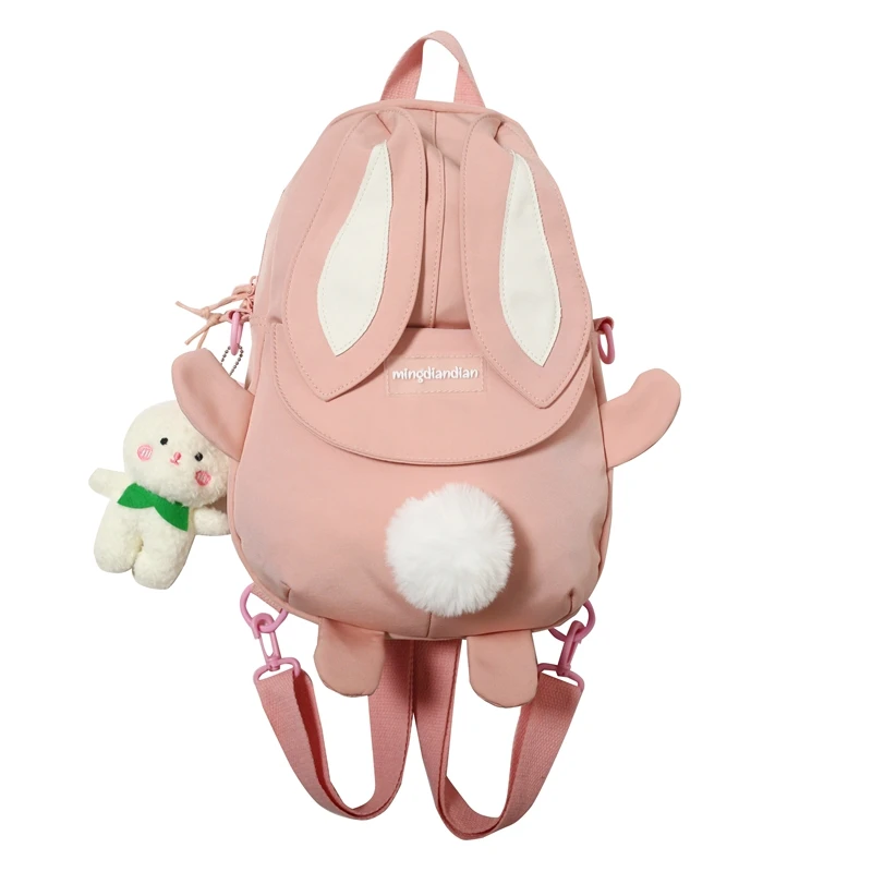 Large-capacity Cute Nylon Rabbit Ear Backpack For Girls 2022 Student School Bag Female Solid Color  Academic Style Messenger Bag