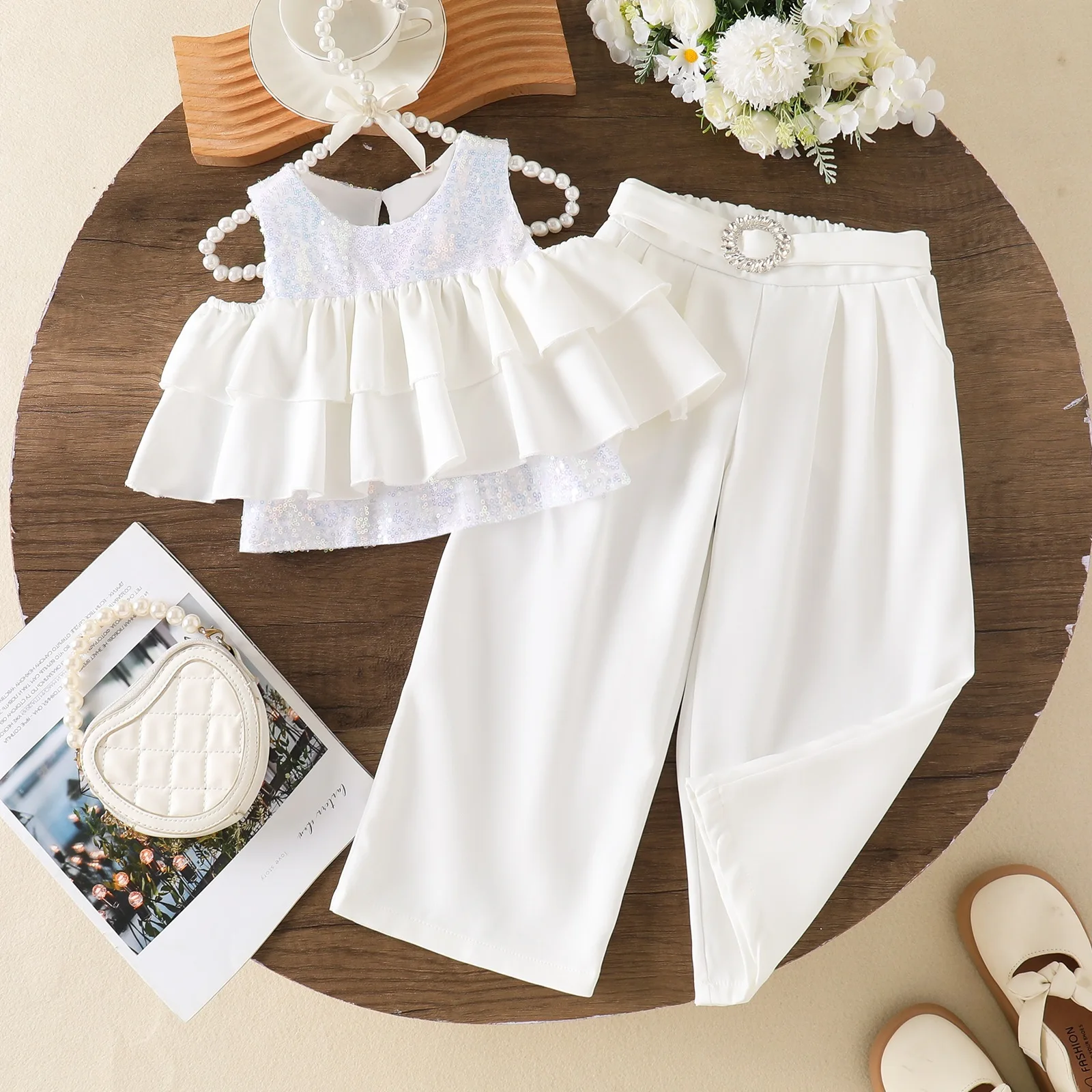 Summer Elegant Girl Clothes Set Sequin Ruffle Top Wide Leg Palazzo Pants Suits Baby Toddler Girl Party Wedding Birthday Outfit