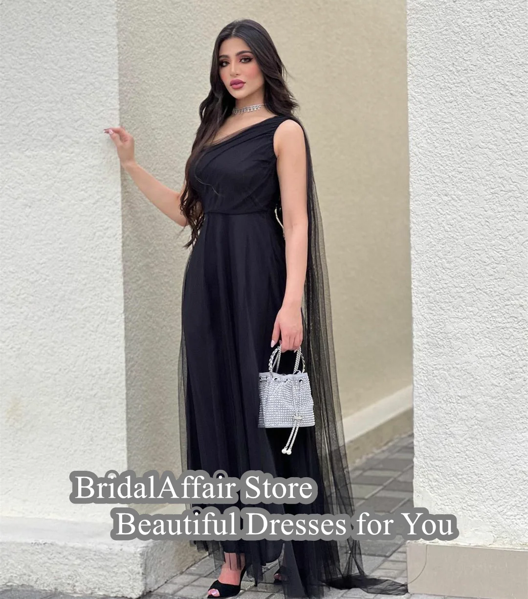 BridalAffair Elegant Long One Shoulder Tulle Evening Desses A-Line Black Pleated حزب اللباس Ankle Length Prom Dresses for Women