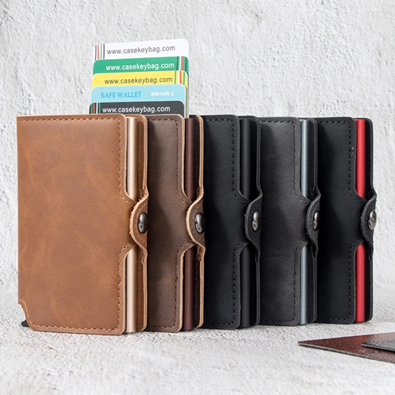 Men Wallet Slim Premium Leather Pop Up Wallet RFID Blocking Mini Aluminum Credit Card Holder Minimalist Wallet for Men