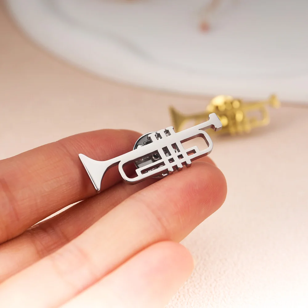 Musical Instrument Trumpet Brooch Pin Stainless Steel Mens Punk Hip Hop Music Brooches Jewelry Elegant Clothing Pin Accessories