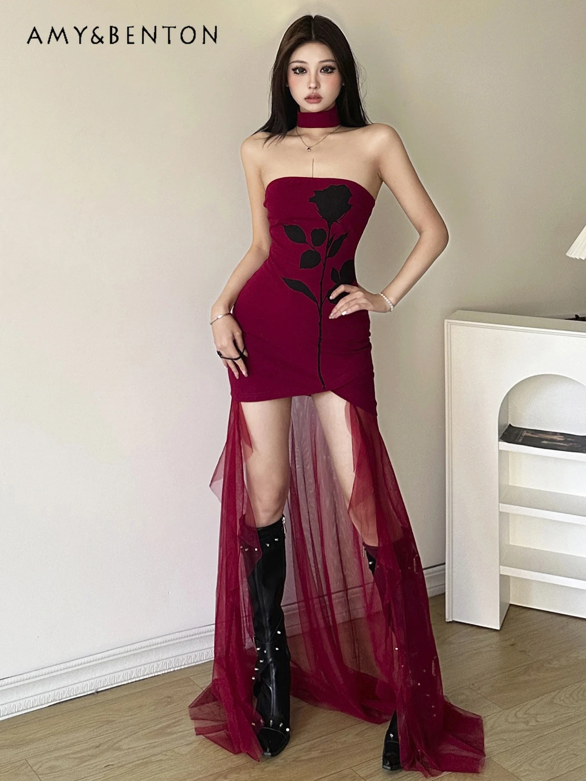 

Summer New Gothic Style Blazing Rose Waist-Cinching Sexy Versatile Slim-Fit High-Waist Mesh Red Tube Top Long Dress