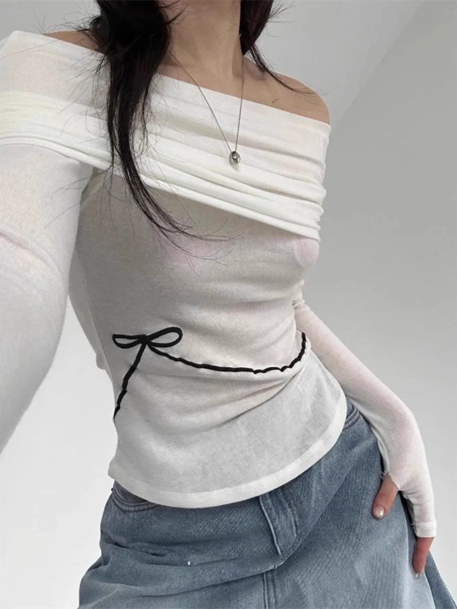 

Корейская футболка Sle Long Sve Velvet oulder с колючками на одно плечо, женская эксклюзивная футболка с узлом на талии, повседневная посадка