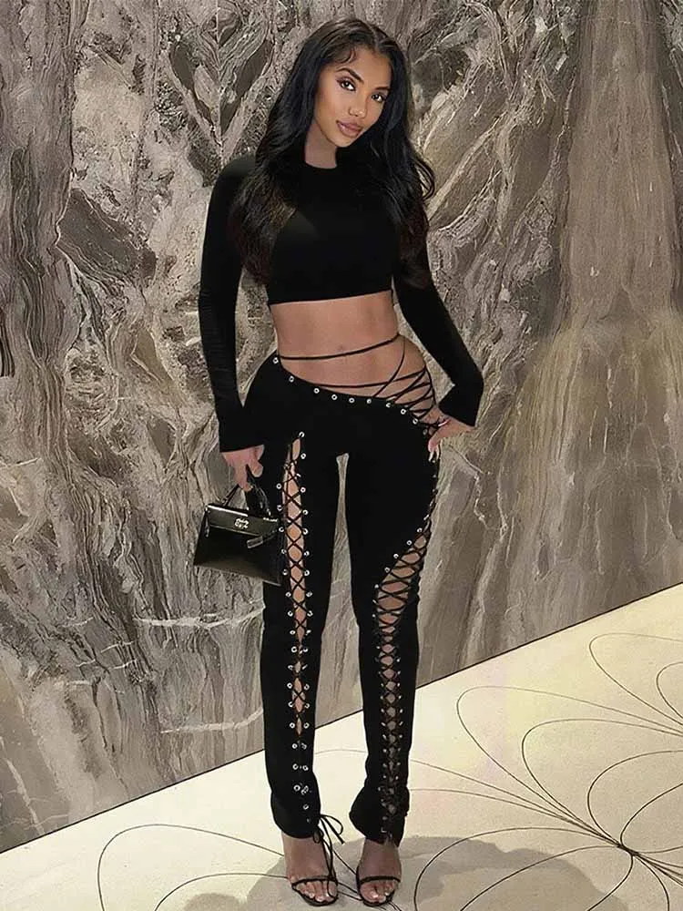 

Женский осенне-зимний комплект из двух предметов, брюки 2025 года, сексуальный укороченный топ с длинными рукавами и шнуровкой, бандажные брюки, костюм для вечеринок в ночном клубе