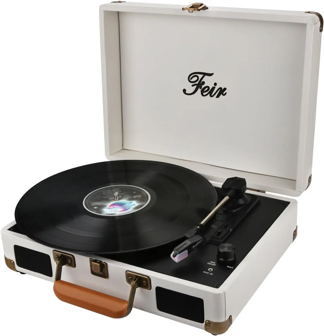 Portable Bluetooth Turntable with Speakers, 3-Speed Vinyl Record Player, RCA/AUX/Headphone Jack, White