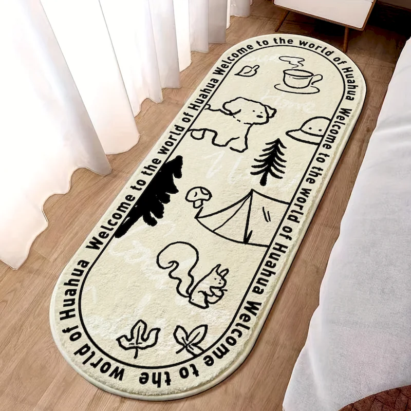VIKAMA Oval Cartoon Rabbit Carpet Sketch Animal Letter Printing Carpet Soft Anti Slip Absorbent Carpet Home Decoration