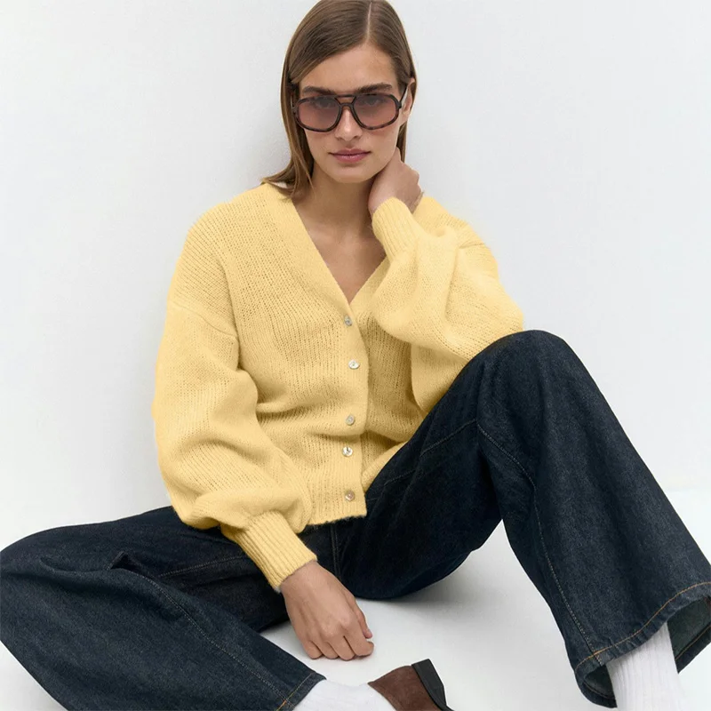 

Trendix Solid Knit Long Sleeve Women's Coats 2025 Autumn Fashion V Neck Button Loose Jackets Casual Knitwear Rib Sweater Tops