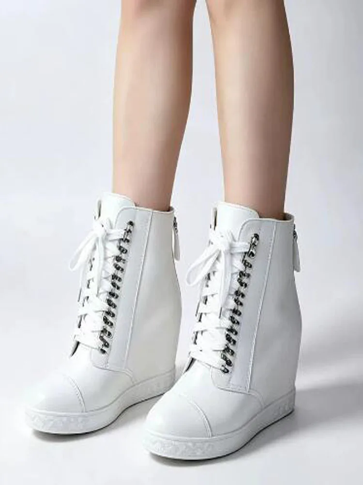 Women Black Suede Hidden Wedge Ankle Boots Autumn Lace Up Metal Eyelet High Top Wedge Sneakers Back Zipper Short Booties Shoes
