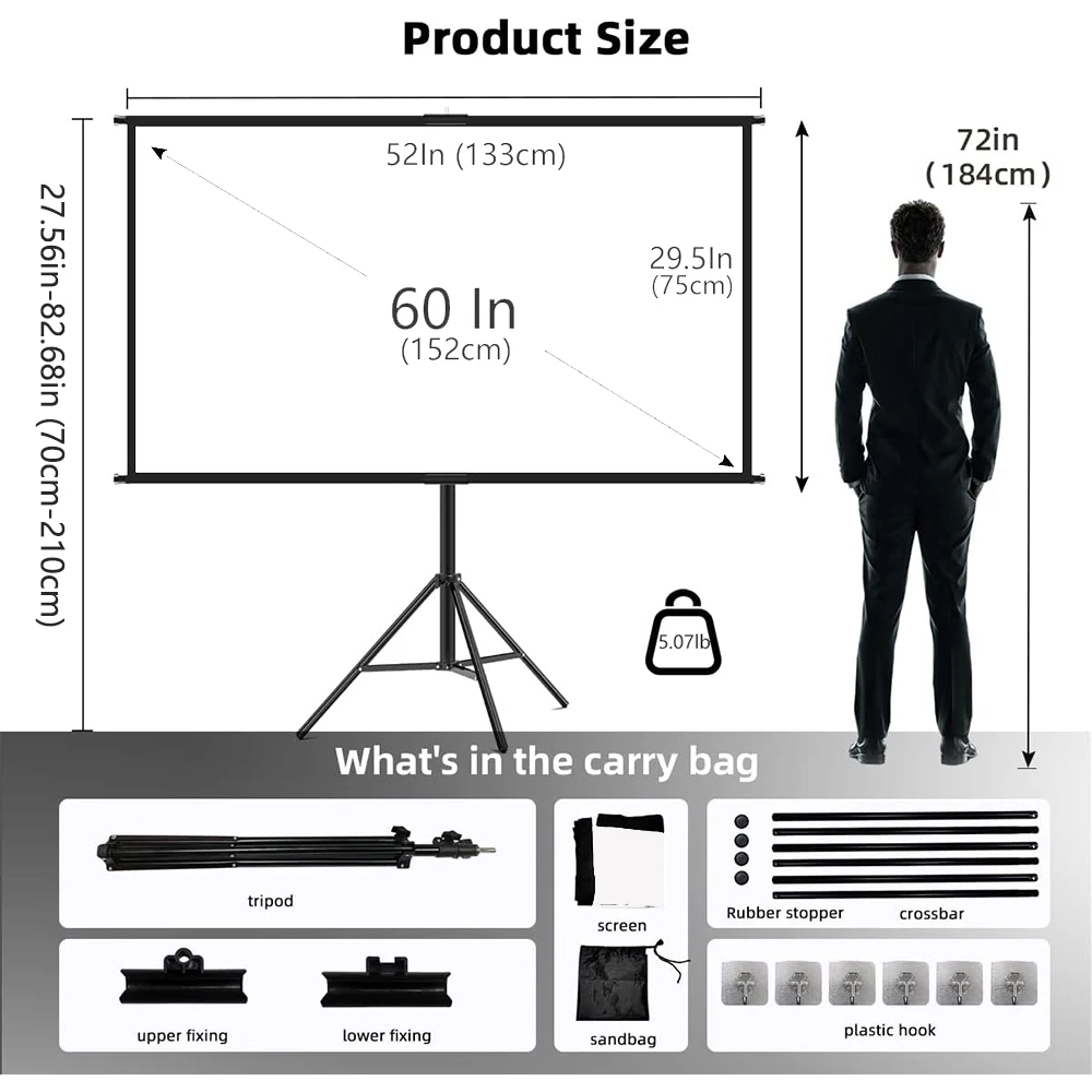 VEIDADZ projectorscherm met standaard opvouwbaar wit kreukvrij 60-120 inch 16:9 scherm met tas voor thuisbioscoop binnen buiten