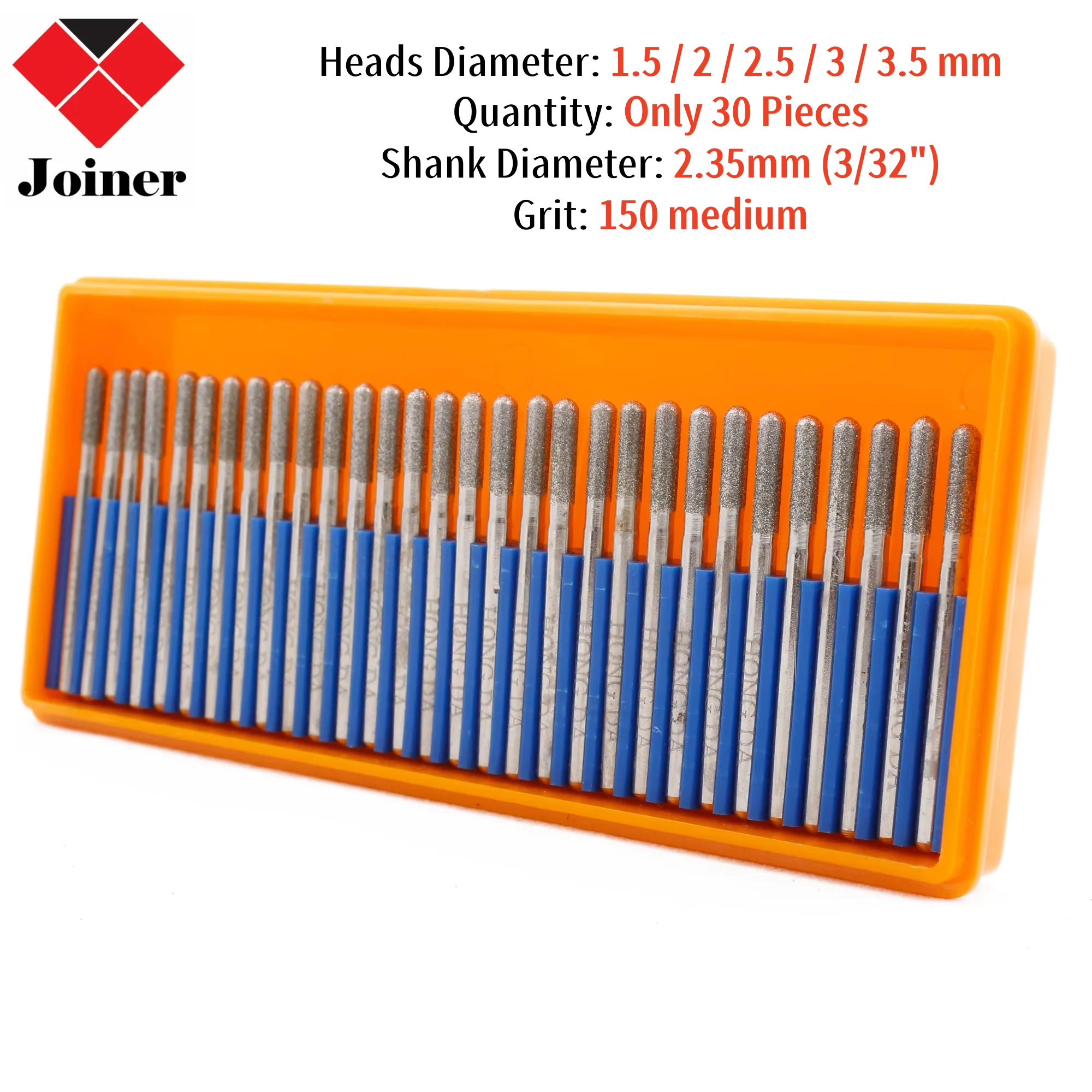30Pcs Diamond Grinding Head Cylindrical Ball Nose 1.5-3.5mm Engraving Bits Bur Coated Carving Burrs Shank 3/32
