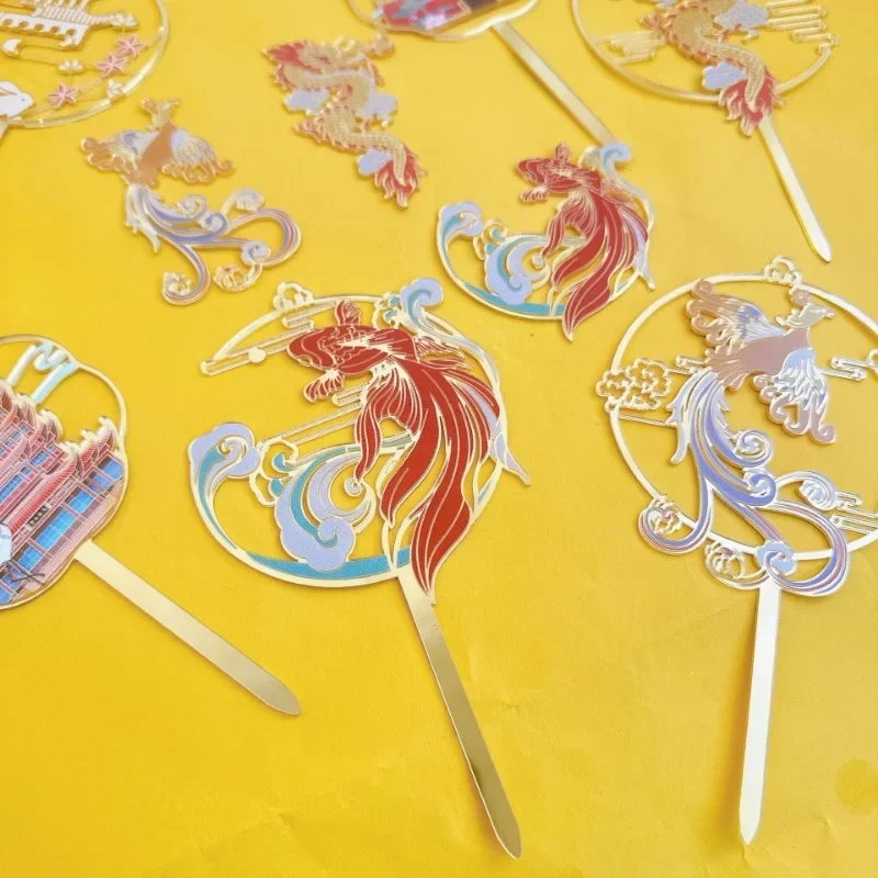 Decoración de Pastel de dragón de fiesta impresa en Color de estilo chino, adornos de pastel de acrílico con tema de nubes auspiciosas, Phoenix, China