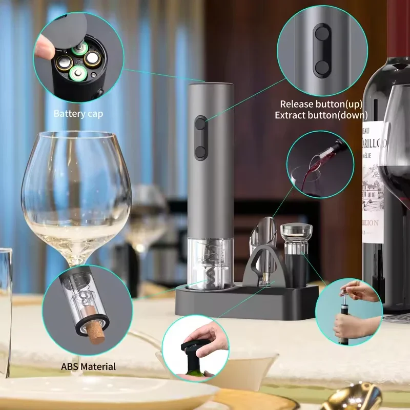 Electric Wine Opener Set with Wine Stopper, Pourer and Storage Base - Smart Kitchen Accessories to Impress Your Guests