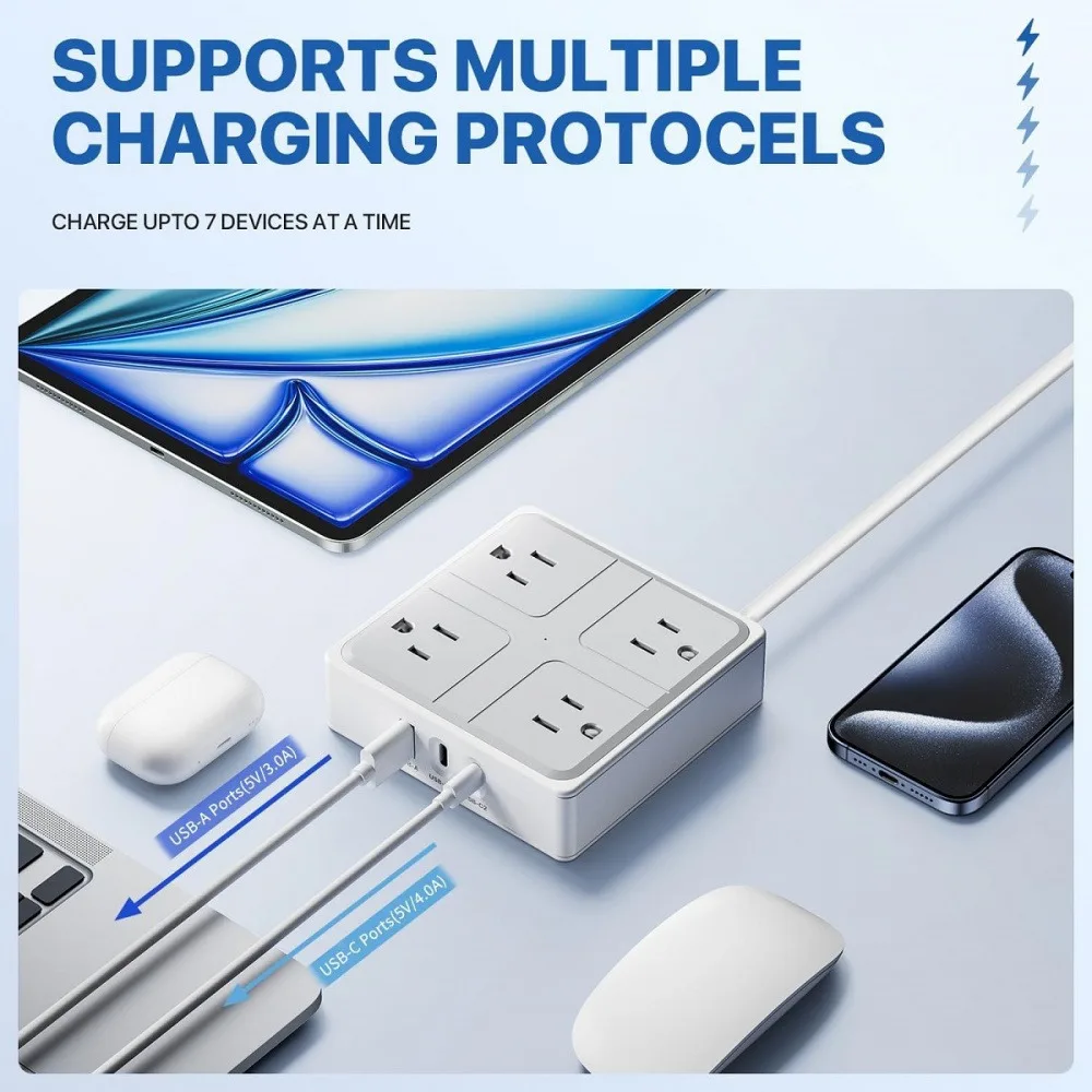 7 In 1 1250W US Power Strip 1.2M Extension Cord Socket Extender with 4AC Outlets 2USB-C 1USB-A