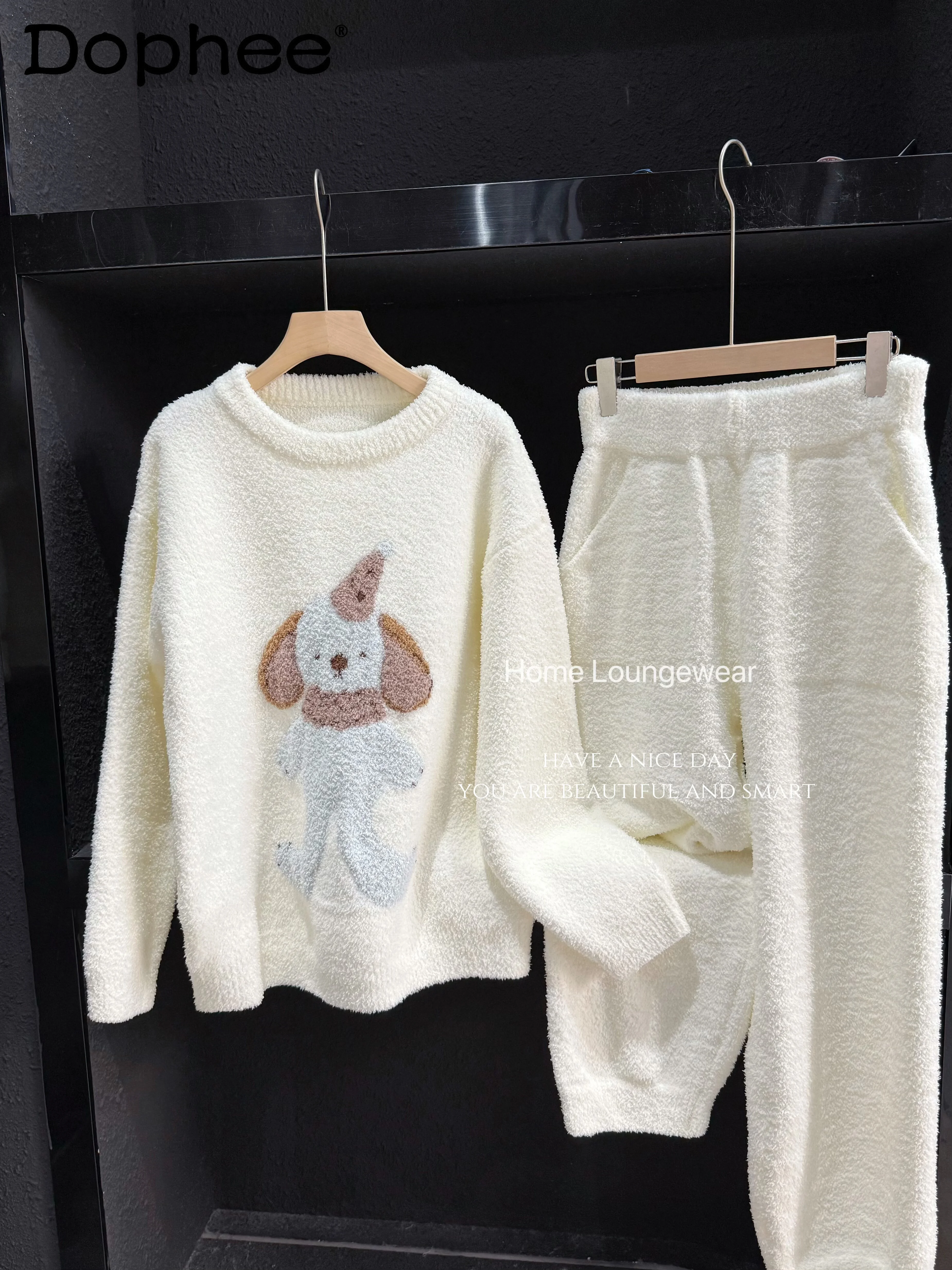 

2025 New Sweet Cute Cartoon Round Neck Long Sleeve Pajamas for Women Winter Thin Fleece Thickened Homewear Wearable Outfit Set