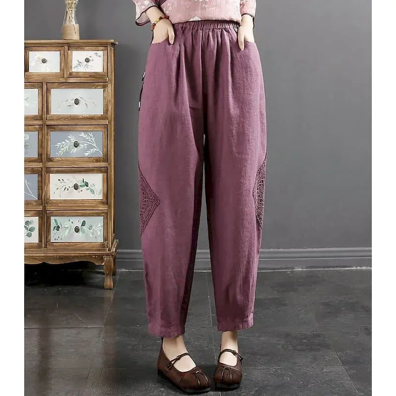 Bawełniane lniane spodnie haremowe damskie koronkowe patchworkowe luźne, elastyczne spodnie na co dzień luźne spodnie Vintage koreańskie spodnie w stylu ubrania