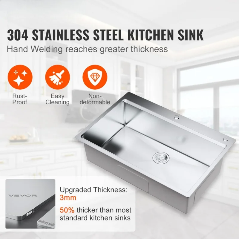 Kitchen Sink, 304 Stainless Steel Drop-In Sinks, Top Mount Single Bowl Basin With Ledge And Accessories, Dishwasher Sinks