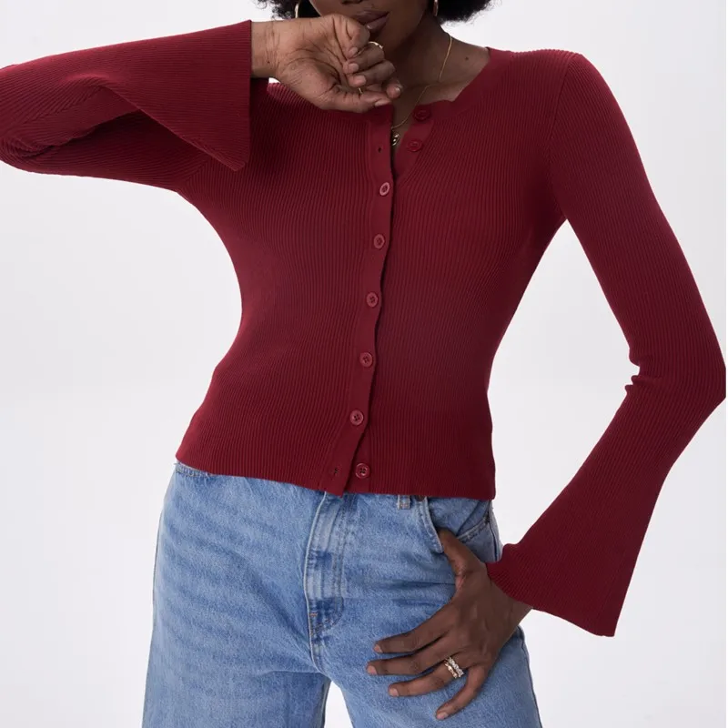 2024 Spring Women Round Neck Button-through Front Crop Cardigan Retro Knitted Sweater Long Flare Sleeve Slim Jumper