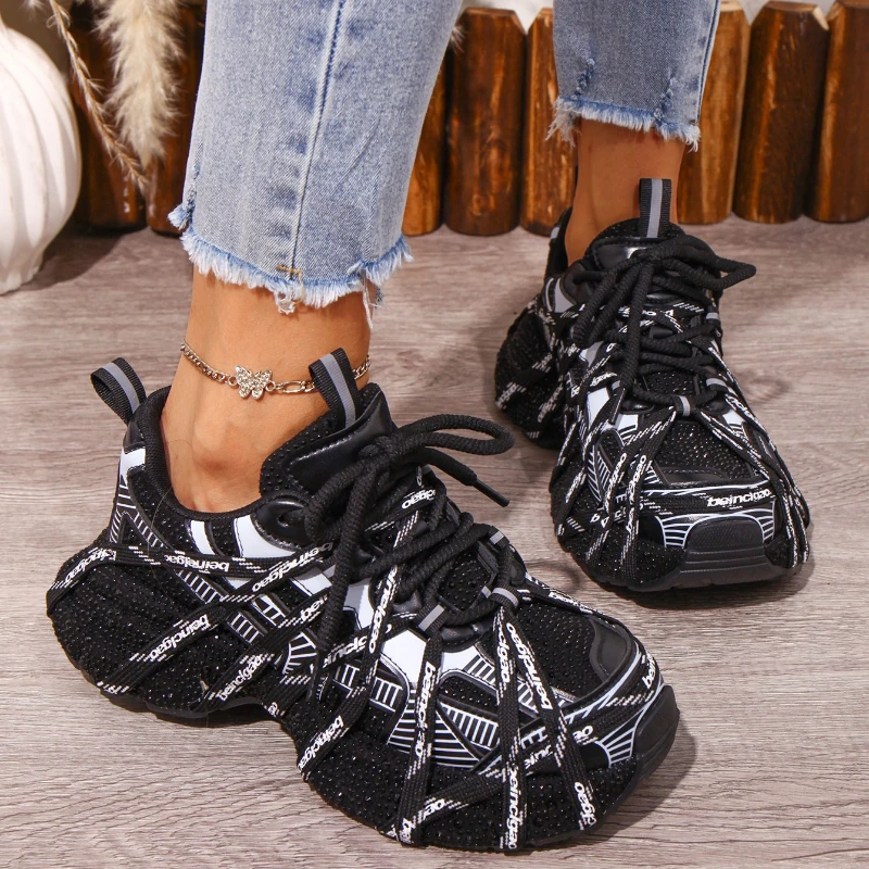 

New Non-slip Style Women Luxury Rhinestones Shoes Thick Bottom Net Surface Sports Shoes Trendy Versatile Breathable Tie Shoes