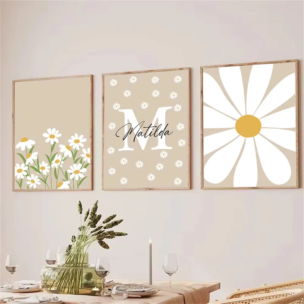 White Flower Daisy Poster Wall Art Canvas Painting Customized Name Print Paintings Nordic Wall Pictures Kids Bedroom Home Decor