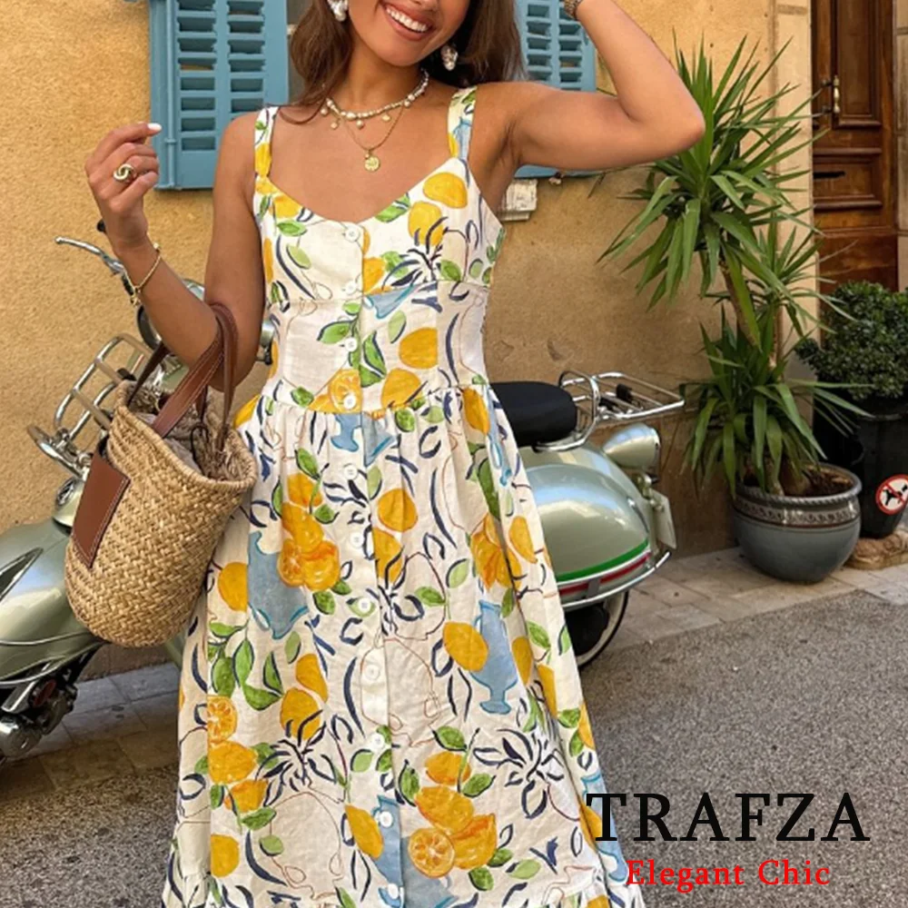 TRAFZA Vintage Print Lemon Yellow Midi Women Dress Fashion 2024 Summer OOTD Button Dress Prairie Chic Beach Party Date Dress