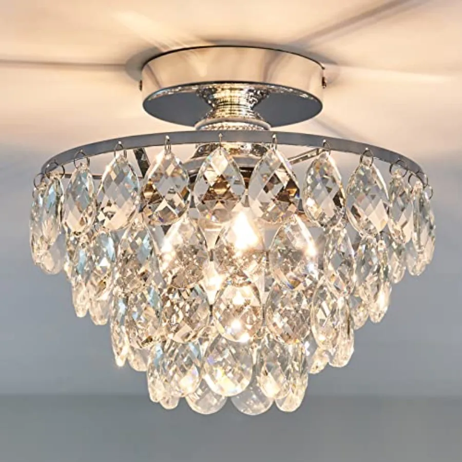 Modern E26 Crystal Chandelier Semi Flush Mount Ceiling Light Fixture Ceiling Lamp for Hallway Bedroom Bathroom Closet Bedroom F