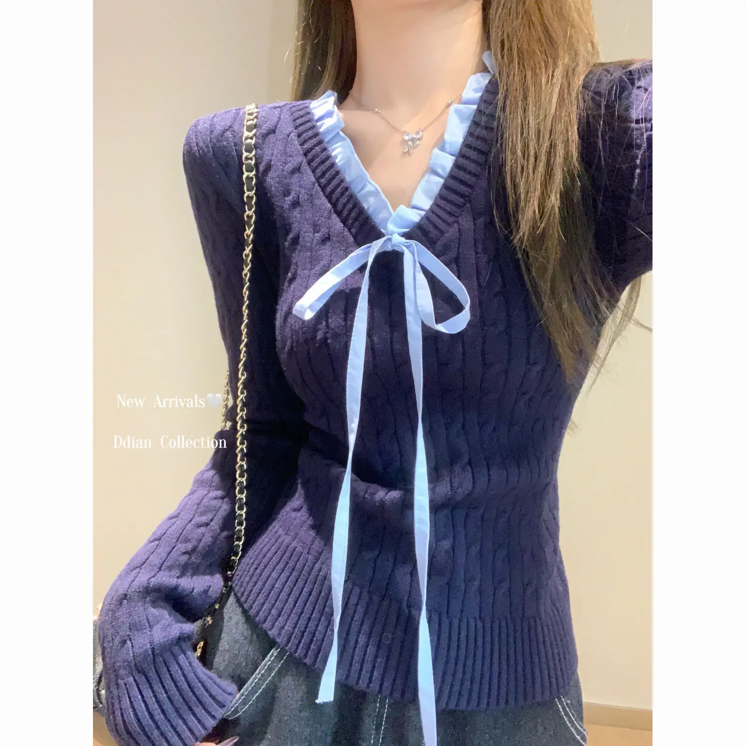 

Korean Style Pull Femme 2025 Early Spring V Neck Lace Up Fungus Sweater Top Outwear Gentle Fashion Slimming Clothes