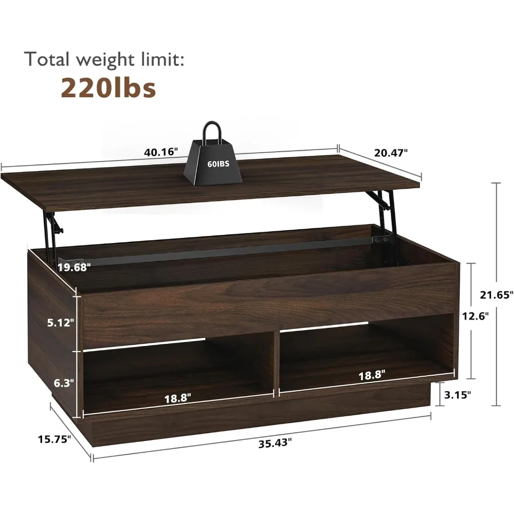 Lift Top Coffee Table with LED Light, Modern Center Table for Living Room, 3 Tiers Tea Table with Storage,Small Apartment Furni