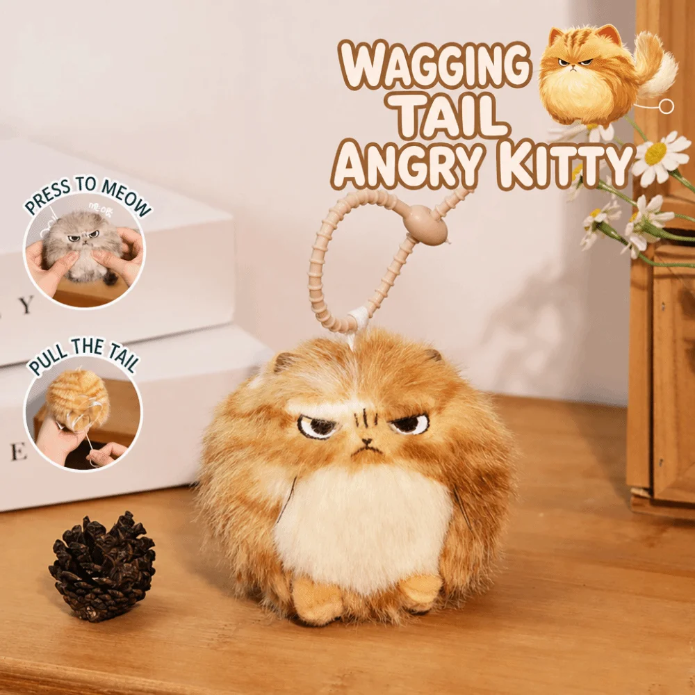 Pull Cord Wag Its Tail Angry Cat Keychain Pendant Cartoon Cat Squeaking Sound Bag Ornament Grey Yellow Handbag Charm