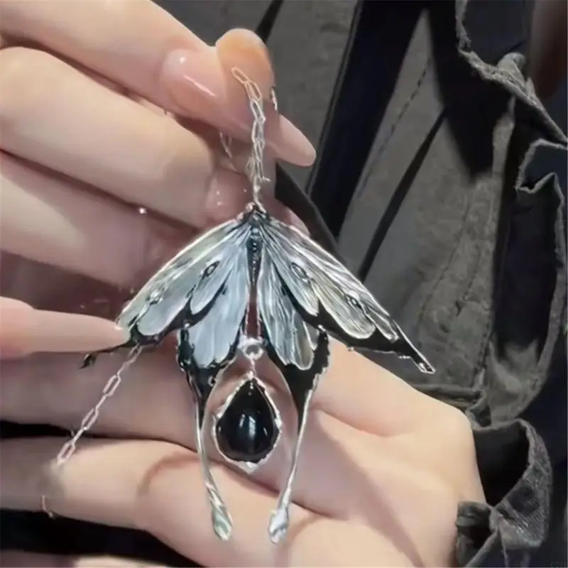 Pendant Necklace with Moth Design, Dark Teardrop Dangle, and Direction for Daily Wear, Going Out, and Social Outfit Looks with