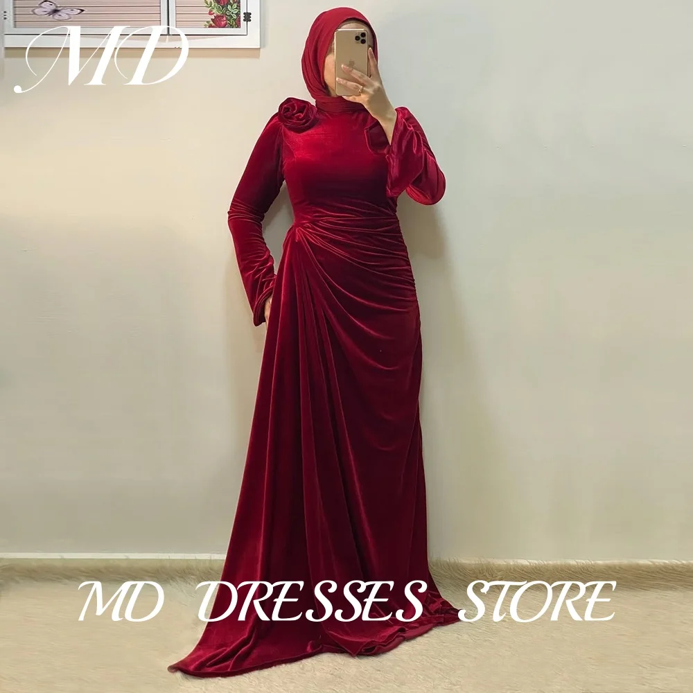 

MD Elegant Rose Red Velvet Evening Dresses O-Neck Dubai Arabic Women Long Sleeve Prom Gowns Vestidos De Fiesta Customized 2025