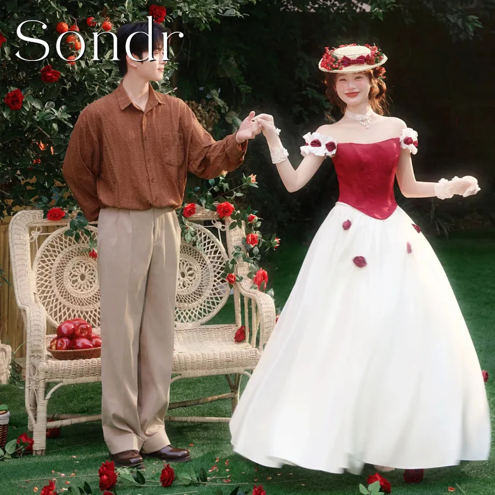Sondr Customized Chic Women Evening Dresses Off the Shoulder Flowers Red and White Japanese Luxury Women Wedding Party Dresses
