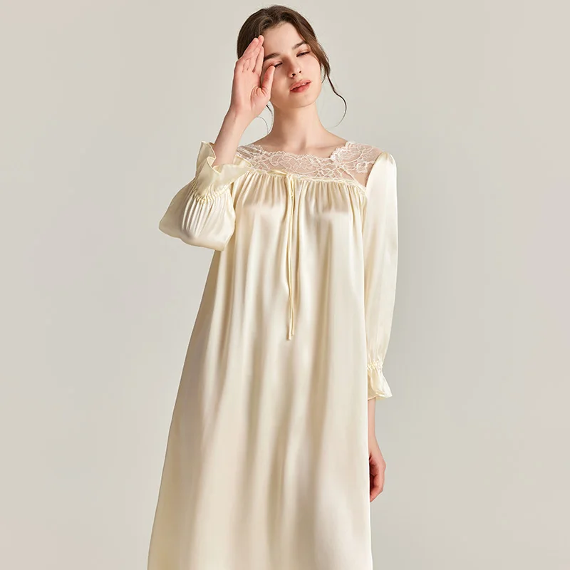 

French Lace 100% Mulberry Silk Plus Size Nightgowns Sleeping Dress Long Sleeves Nightdress Sexy Loungewear Pyjama Sleep Shirts