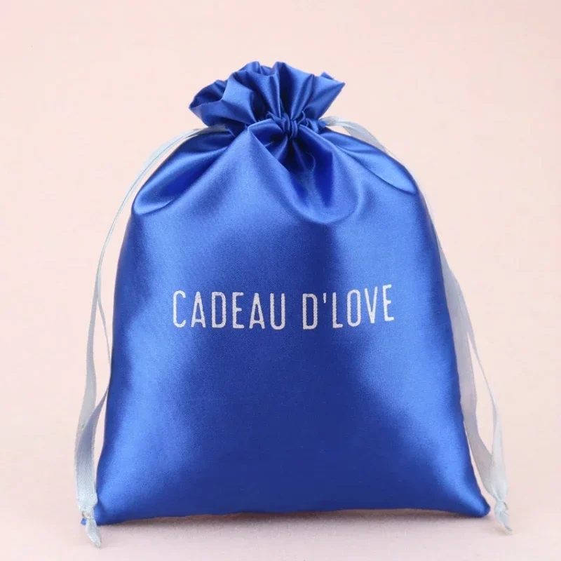 Satin Gift Bags Silk Drawstring Pouch Packing Jewelry Hair Cosmetic Wedding Party Candy Storage Custom Sachet Print Logo 50PCS