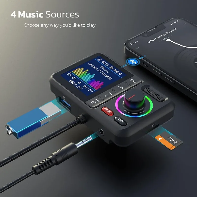 BT98L Bluetooth 5.0 FM Transmitter Car MP3 Player Adapter Wireless Handsfree Car Kit with Big Screen U Disk TF Card Playback