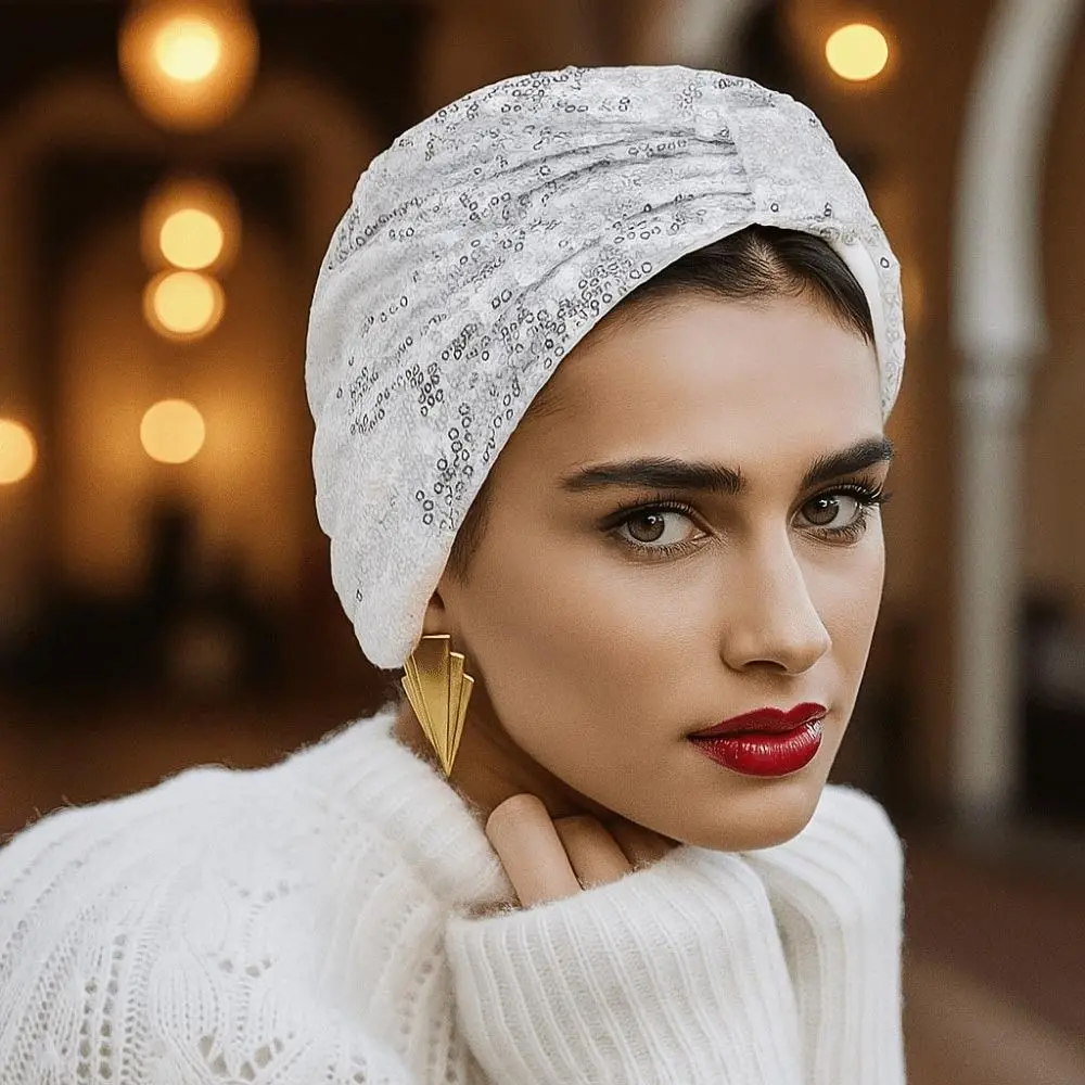 Elegante berretto turbante musulmano con paillettes Ramadan Copricapo tinta unita Cappello Hijab Copricapo da donna Avvolgente per la testa da donna