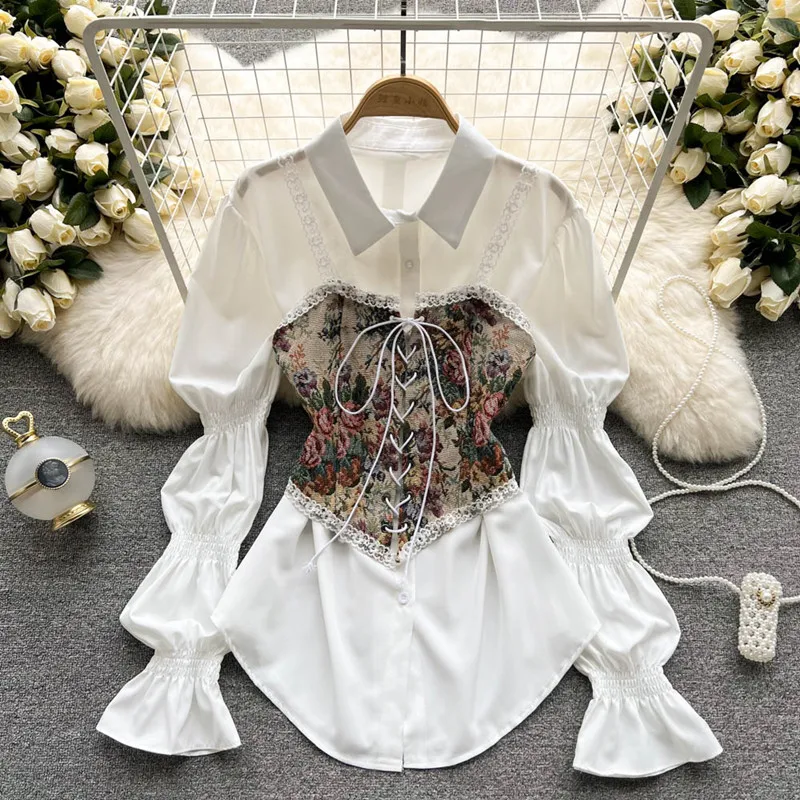 spring Summer new design vintage pattern bandage small vest medium and long A-line puffy shirt  blusa feminina  blouses