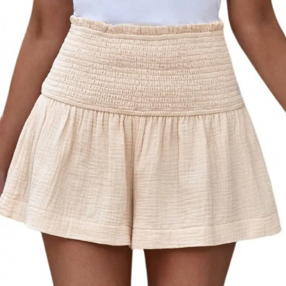 여성용 반바지 솔리드 컬러 플리츠 엘라스틱 하이 웨이스트 와이드 레그 반바지 캐주얼 통기성 비치 반바지