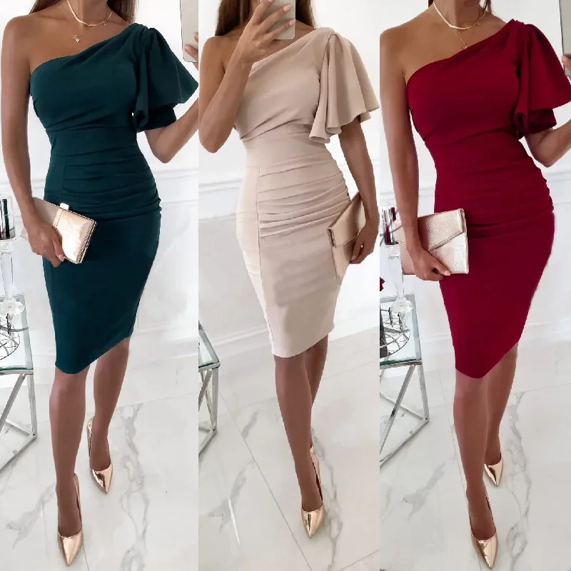 Tight Evening Party Midi Sheath Dress Fashion One Shoulder Ruched Women Elegant Bodycon Dress