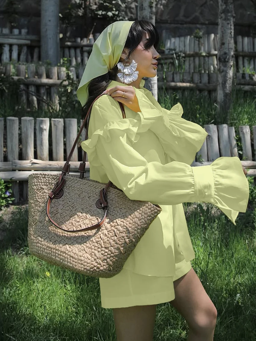 Marthaqiqi Loose Cotton Female Pajamas Suit Long Sleeve Nightgowns Turn-Down Collar Nightwear Shorts Casual Women Sleepwear Sets