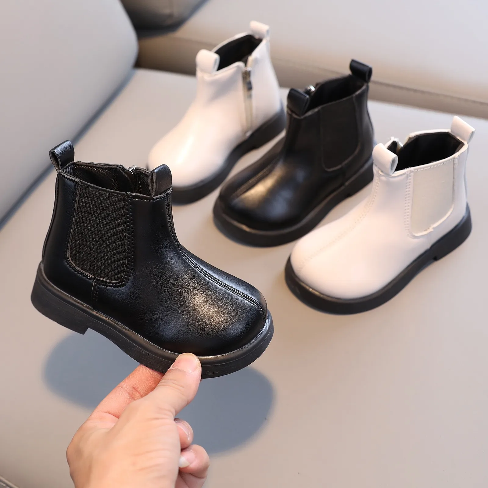 Maluch dzieci Chelsea Boots zimowe pluszowe czarne beżowe modne buty dziecięce buty na zamek błyskawiczny elastyczna moda unisex chłopcy dziewczęta