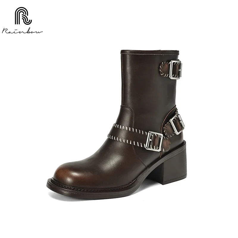 

RAINBOW 34-39 Autumn/Winter New Retro Polished Leather Belt Buckle Cowgirl Boots Round Head Mid-Top Botas Mujeres Female Shoes