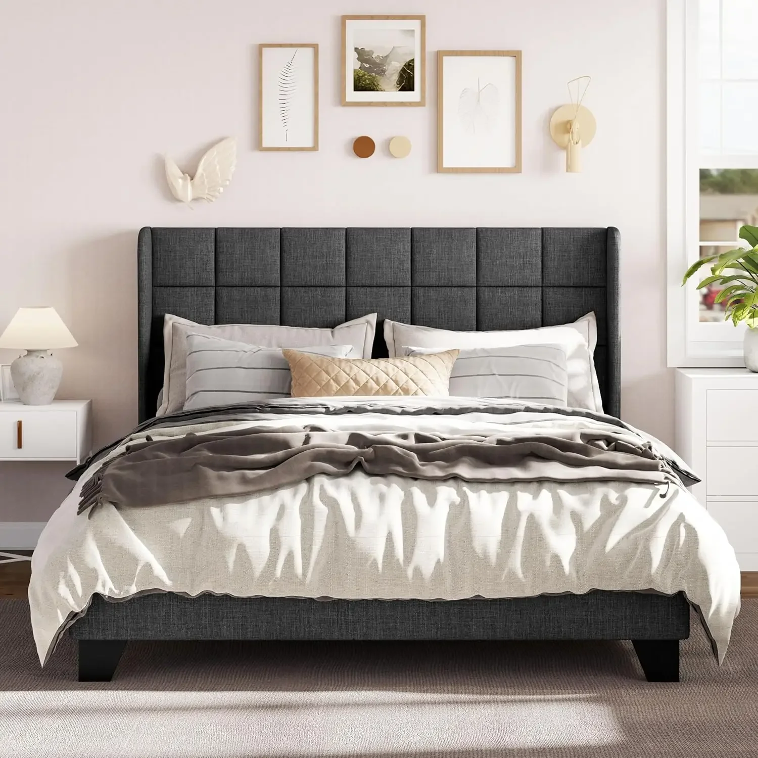 Queen Size Platform Bed Frame with Wingback, Fabric Upholstered Square Stitched Headboard and Wooden Slats, Mattress Foundation