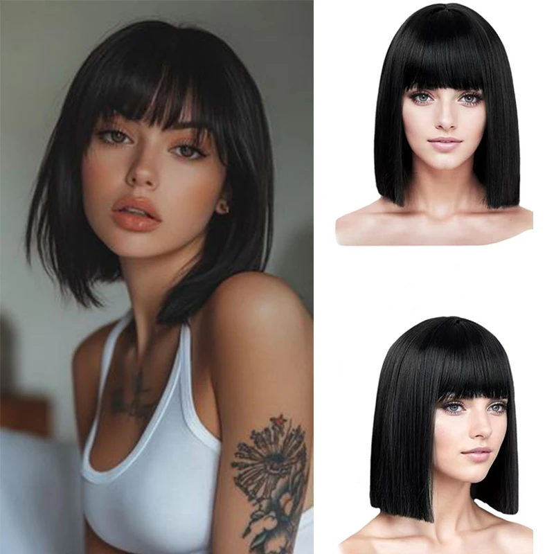 

Короткий прямой парик Боб с челкой, прямой парик Боб с челкой, 14 дюймов, термостойкие парики из синтетических прямых волос для женщин, для косплея